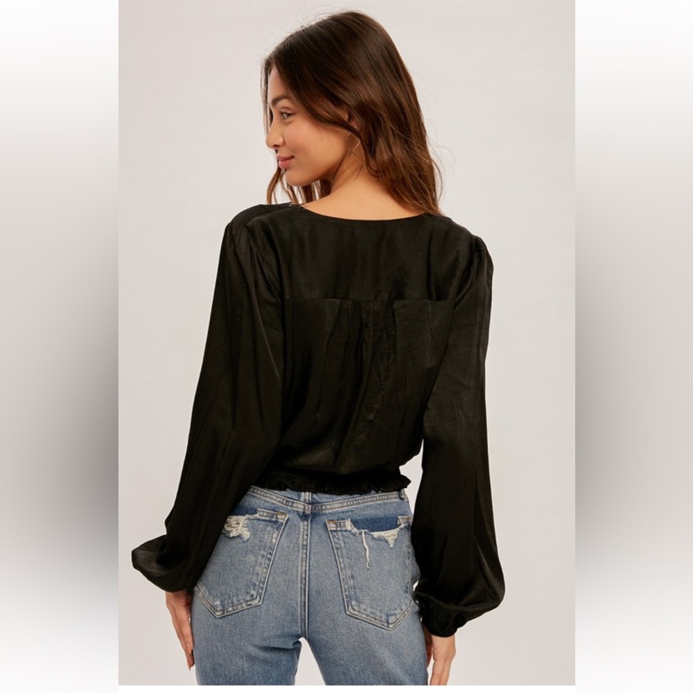 Surplice Lace Trimmed Smock Waist Satin Blouse - Picture 3 of 3